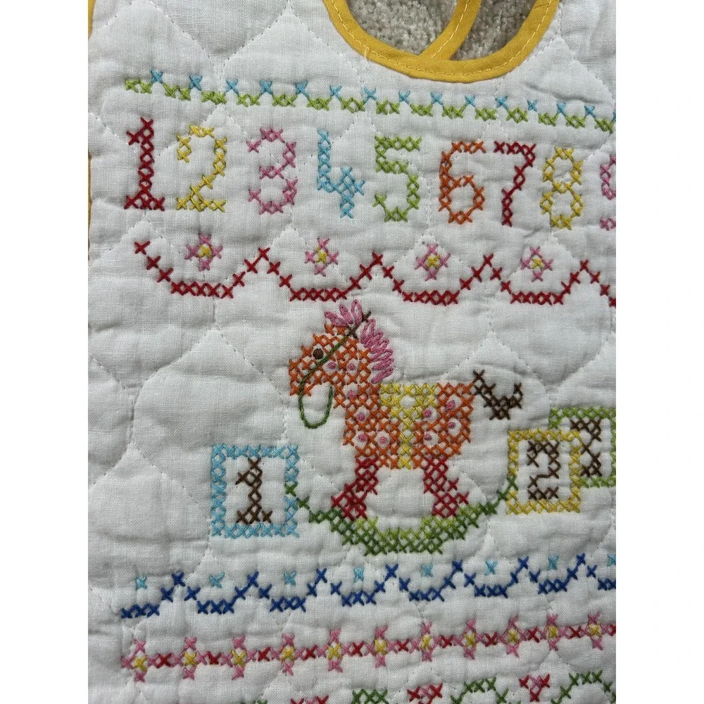 Vintage Hand Embroidered Baby Bib Cross Stitch Numbers Rocking Horse Quilted Bib
